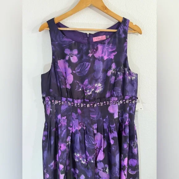 Eliza J Purple Floral Sleeveless Fit & Flare Dress Beaded NWT Size 16